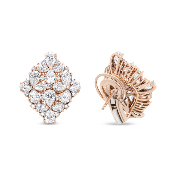 18K Rose Gold 8 1/3 Carat Pear and Round Diamond Floral Cluster Omega Earrings - Picture 5 of 7